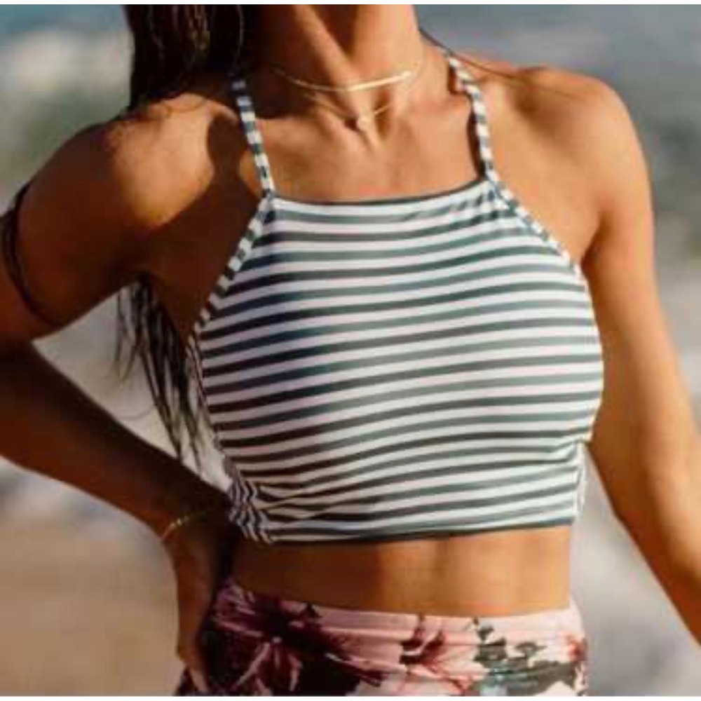 Albion Fit High Neck Stripe Bikini Top Green White Lace Up Back XL Swimwear